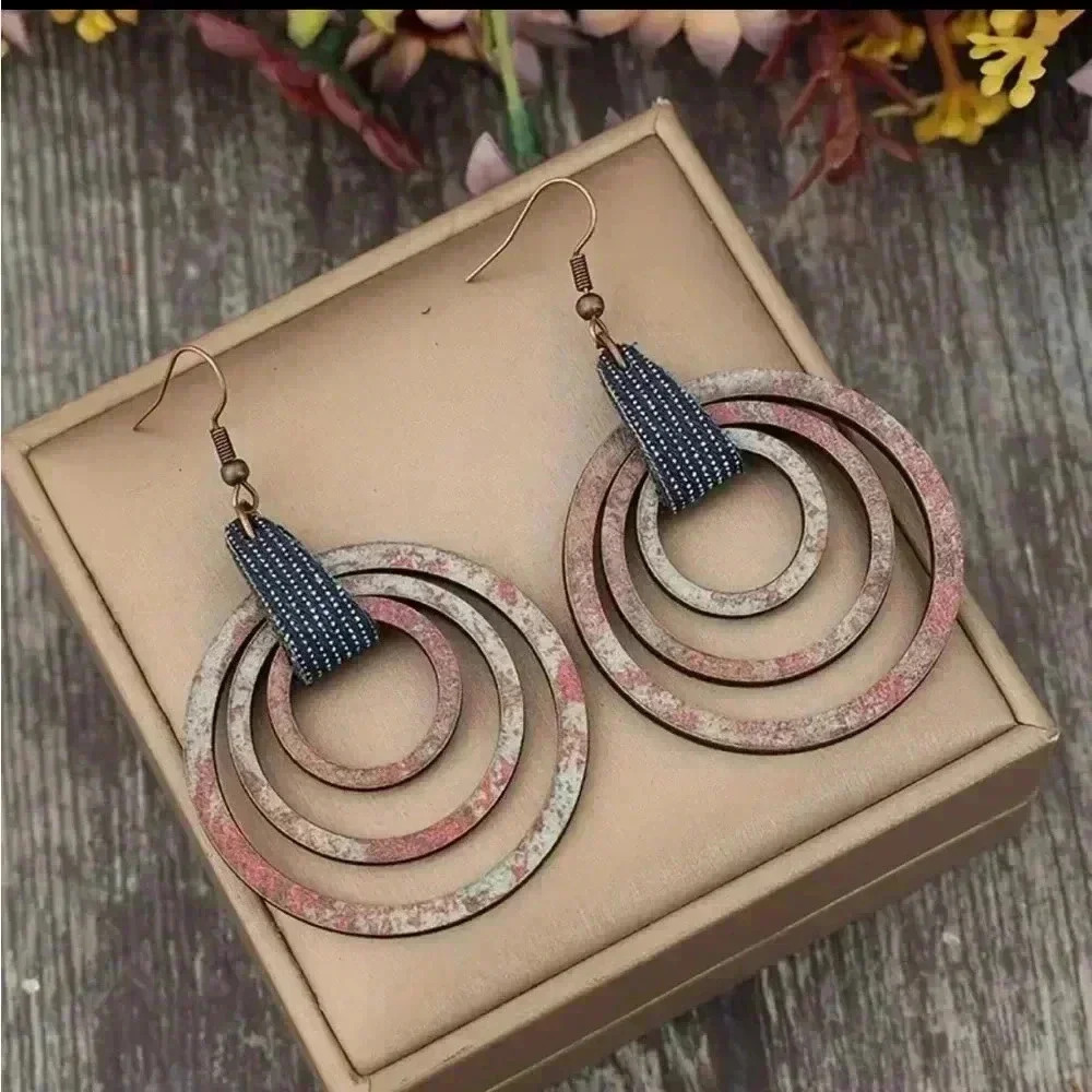 Boho-Chic Colorful Wooden Hollow Circle Dangle Earrings w/Faux Leather Accents